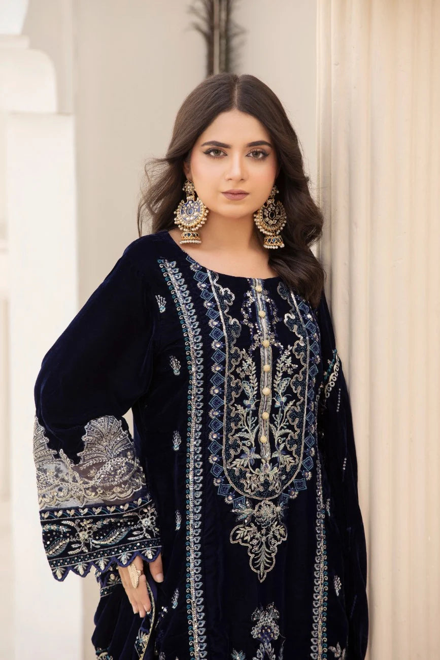3 Piece Unstitched Embroidered Velvet Suit | Velvet Luxe