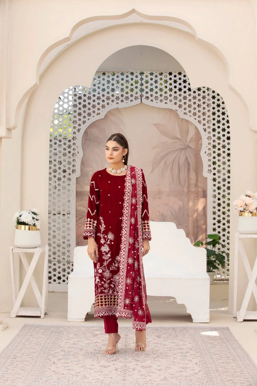 3 Piece Unstitched Embroidered Velvet Suit | Velvet Luxe
