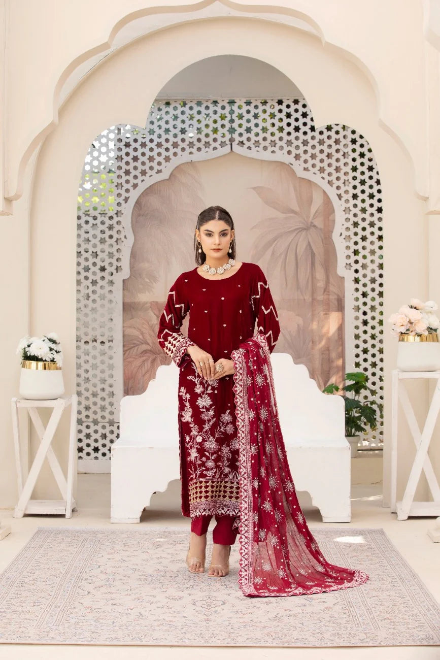 3 Piece Unstitched Embroidered Velvet Suit | Velvet Luxe