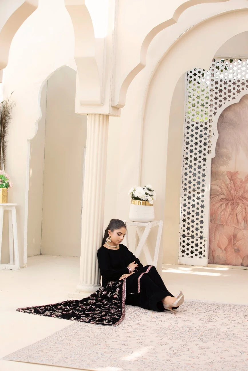 3 Piece Unstitched Embroidered Velvet Suit | Velvet Luxe