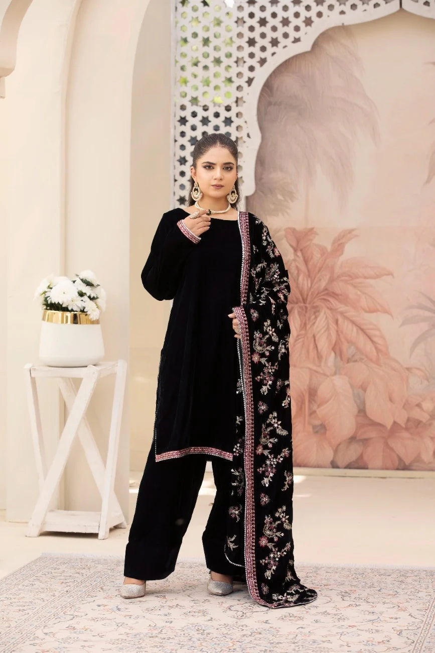 3 Piece Unstitched Embroidered Velvet Suit | Velvet Luxe