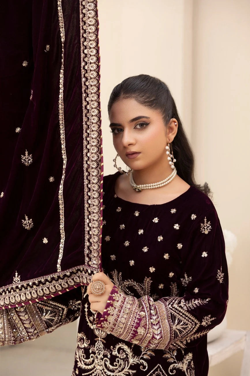 3 Piece Unstitched Embroidered Velvet Suit | Velvet Luxe