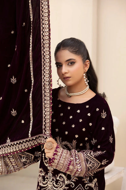 3 Piece Unstitched Embroidered Velvet Suit | Velvet Luxe