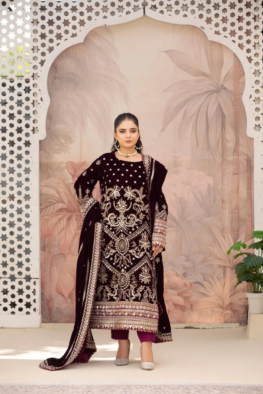 3 Piece Unstitched Embroidered Velvet Suit | Velvet Luxe