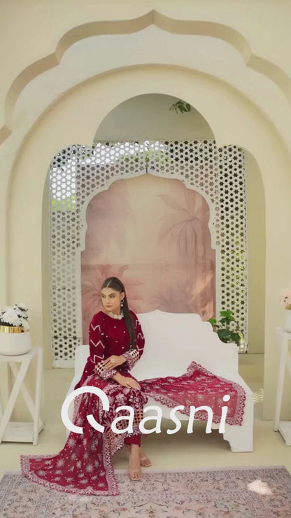 3 Piece Unstitched Embroidered Velvet Suit | Velvet Luxe