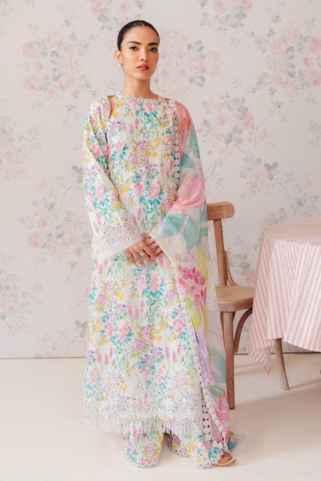 3 Piece Unstitched Heavy Embroidered Chickan Kari Pure Lawn Suit with Printed Monaar Dupatta