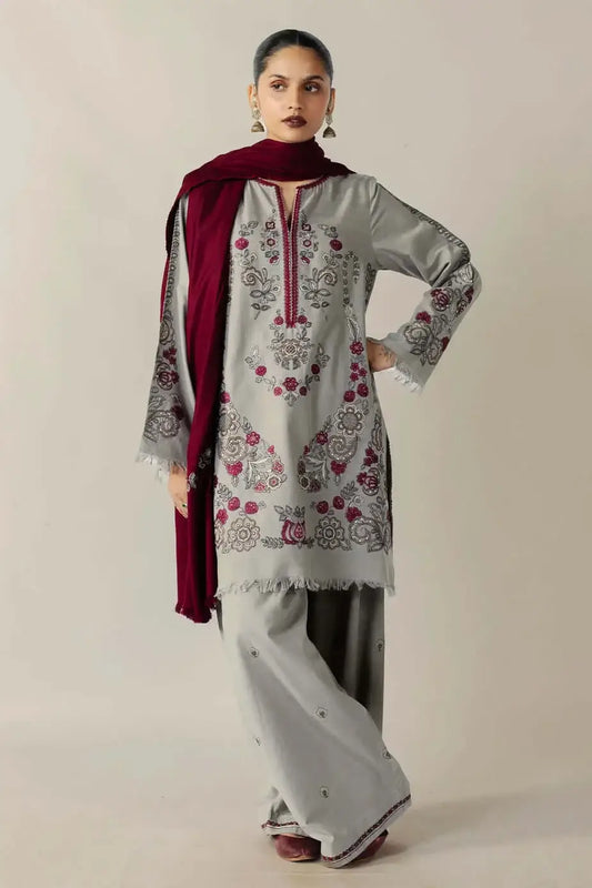 3 Piece Unstitched Embroidered Dhanak Suit with Plain Dyed Dhanak Shawl | Vol 2