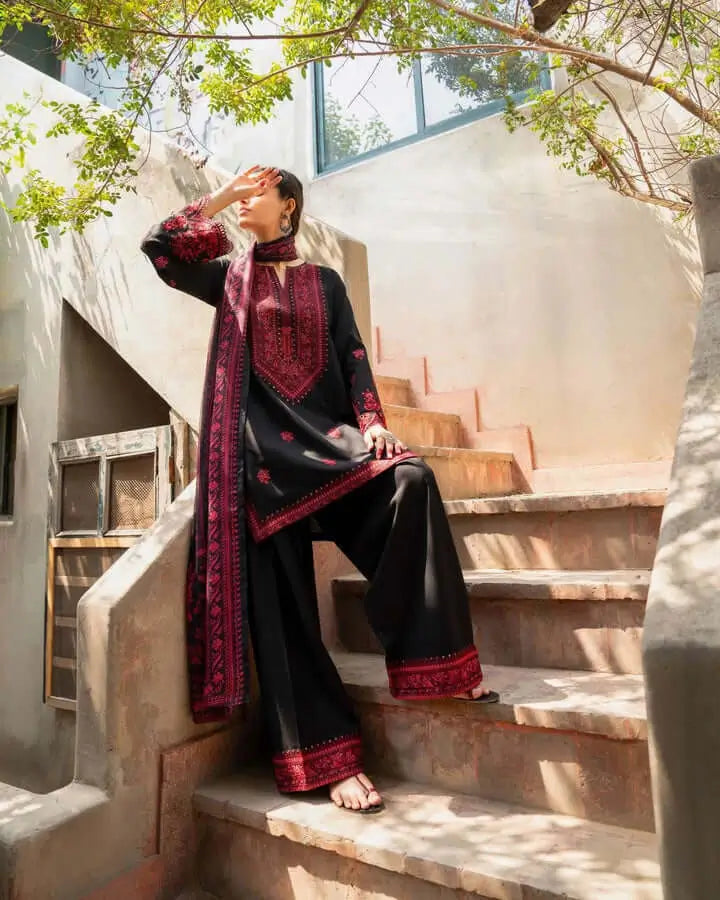 3 Piece Unstitched Embroidered Dhanak Suit with Embroidered Dhanak Shawl | Vol 2