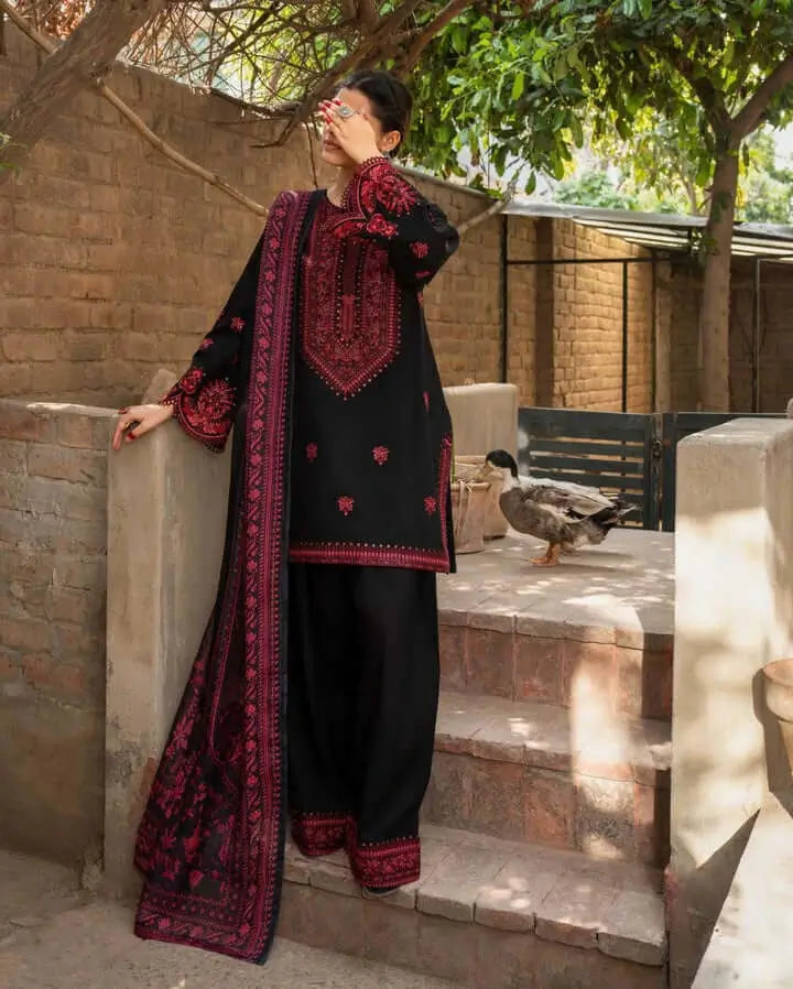 3 Piece Unstitched Embroidered Dhanak Suit with Embroidered Dhanak Shawl | Vol 2