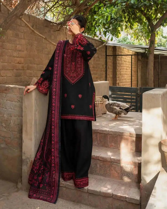 3 Piece Unstitched Embroidered Dhanak Suit with Embroidered Dhanak Shawl | Vol 2