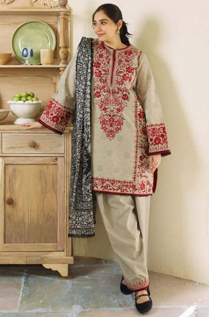 ZS 57L-3 Piece Unstitched Heavy Embroidered Pure Lawn Suit with Fine Printed Lawn Dupatta
